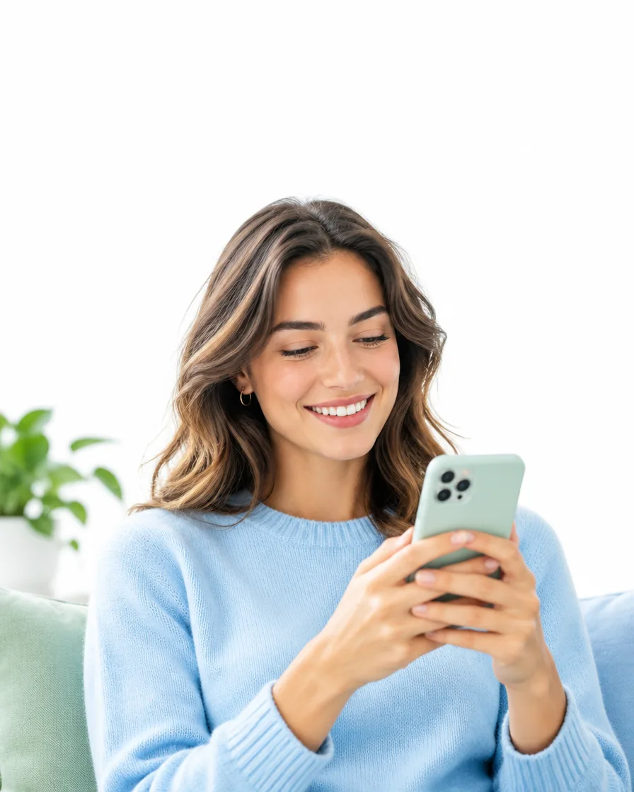 Une jeune femme souriante teste une application sur son téléphone